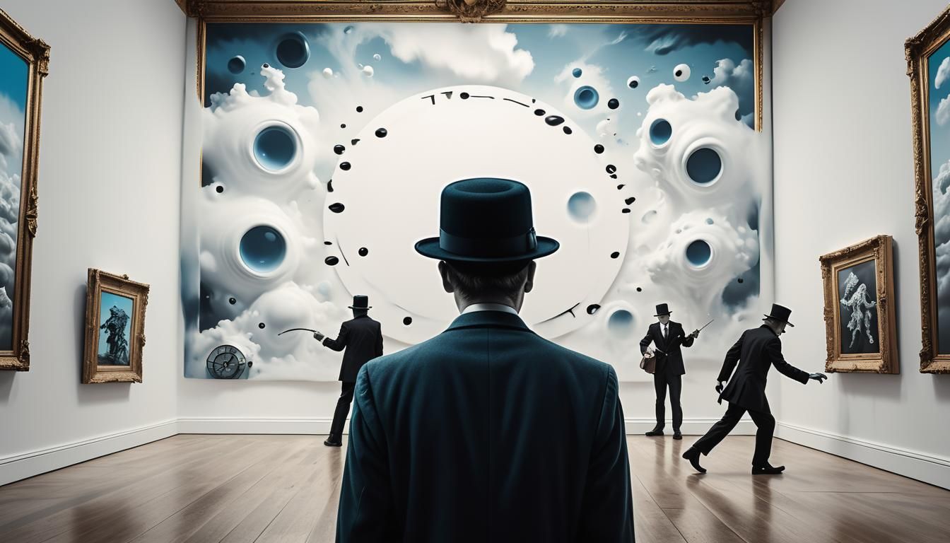 Surreal Museum Scene with Monsters and Melting Clocks