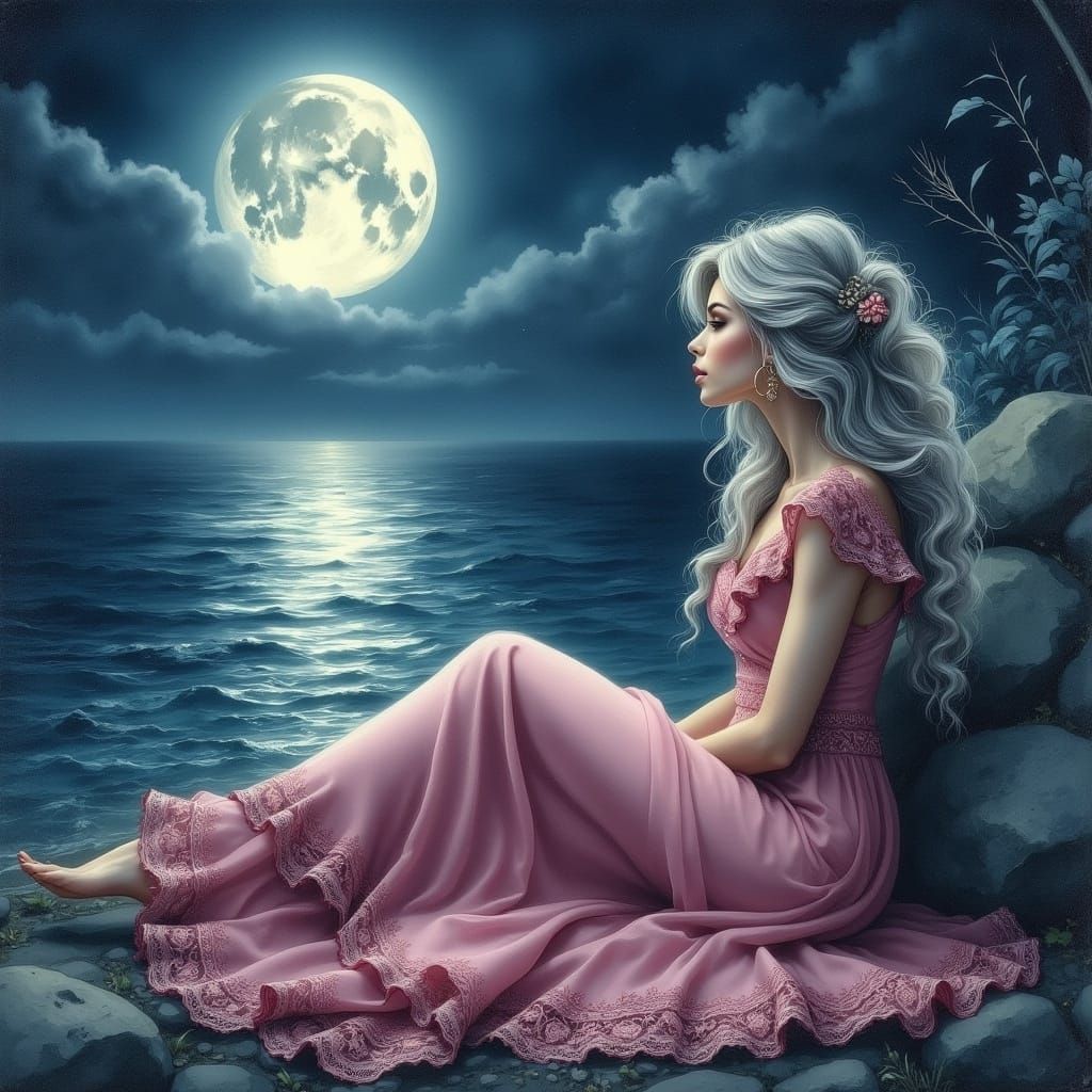 Moonlit Serenity: Woman by Water in Romantic Painterly Style
