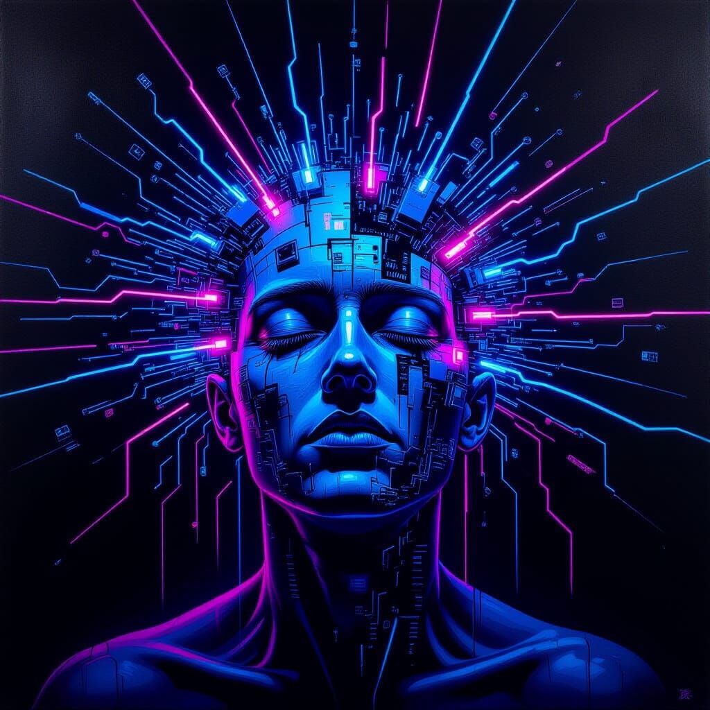 Surreal Head Explodes with Circuits in Neon Dystopian Style