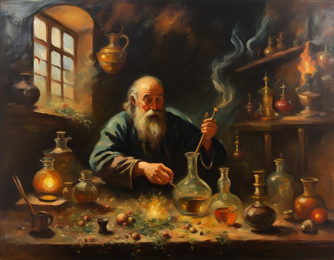 Pagan Alchemist in Antique Impressionistic Oil