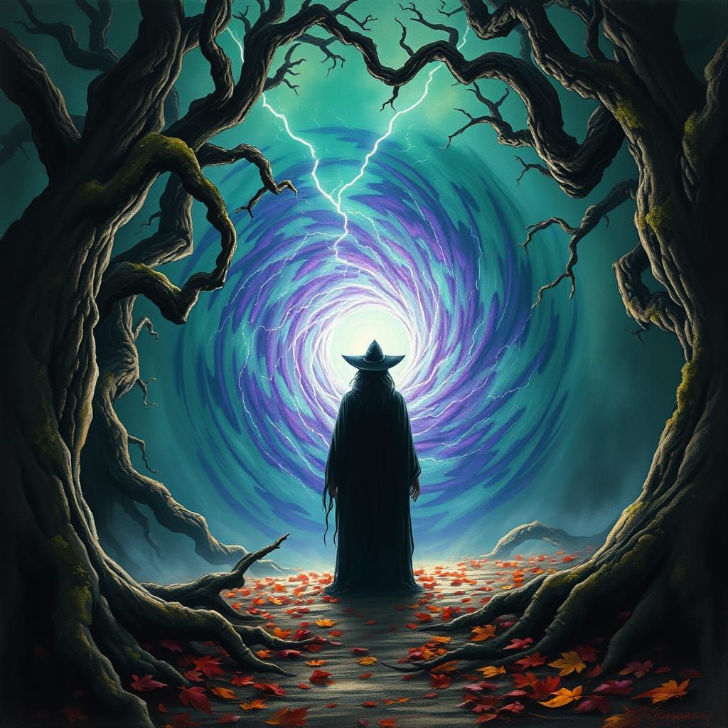 Solitary Witch at Emerald Portal in Dark Forest