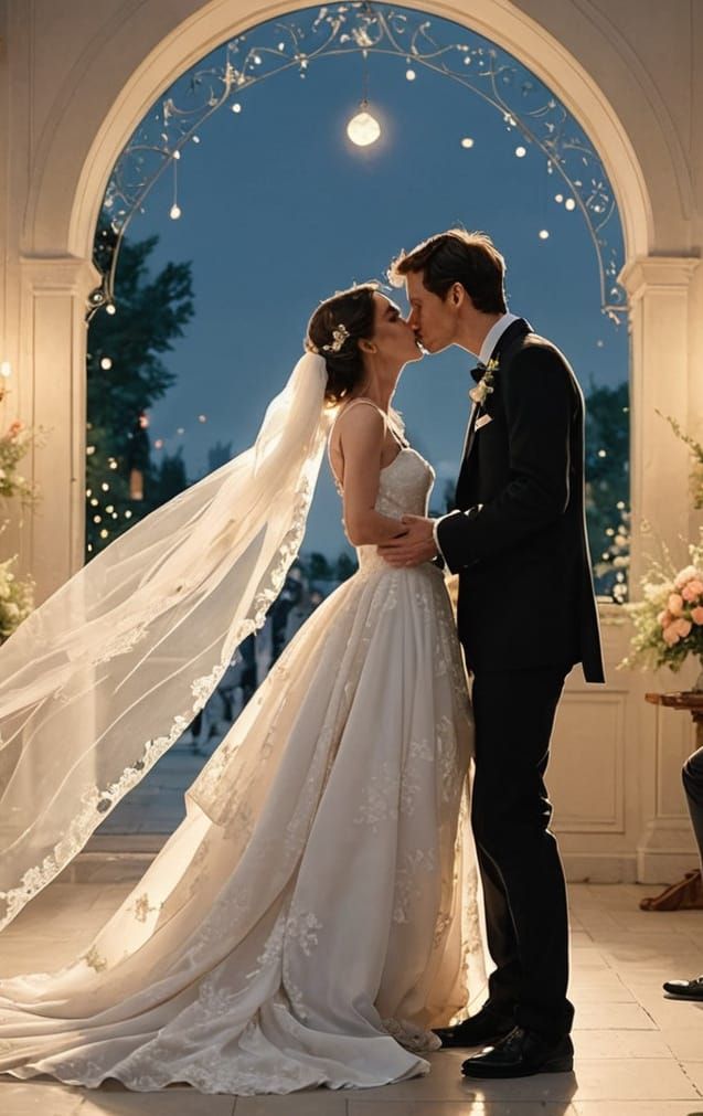 Bride and Groom Share a Kiss with Funny Face Background