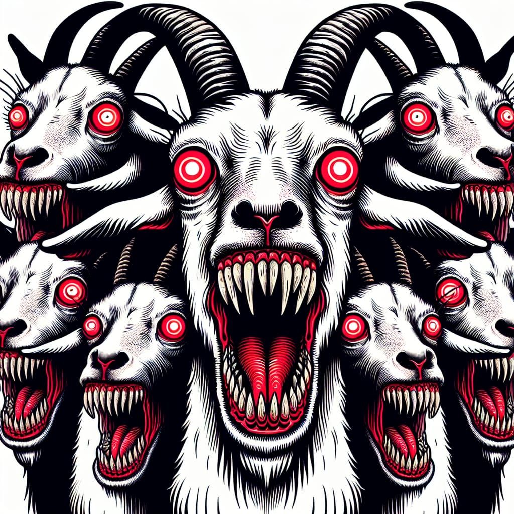Surreal Goats with Red Eyes and Shark Fangs