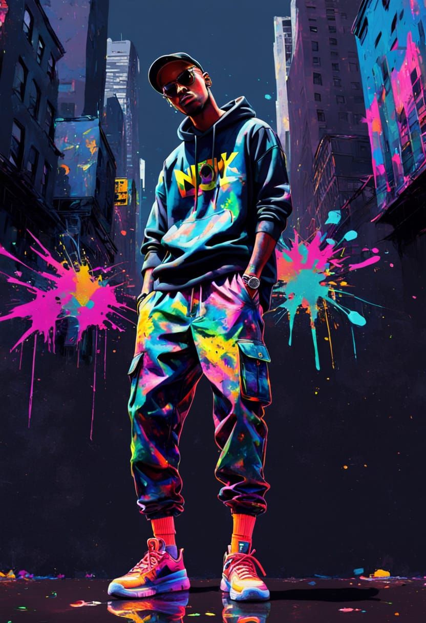 Vibrant Neon Hip Hop Outfit in Urban Graffiti Art Style