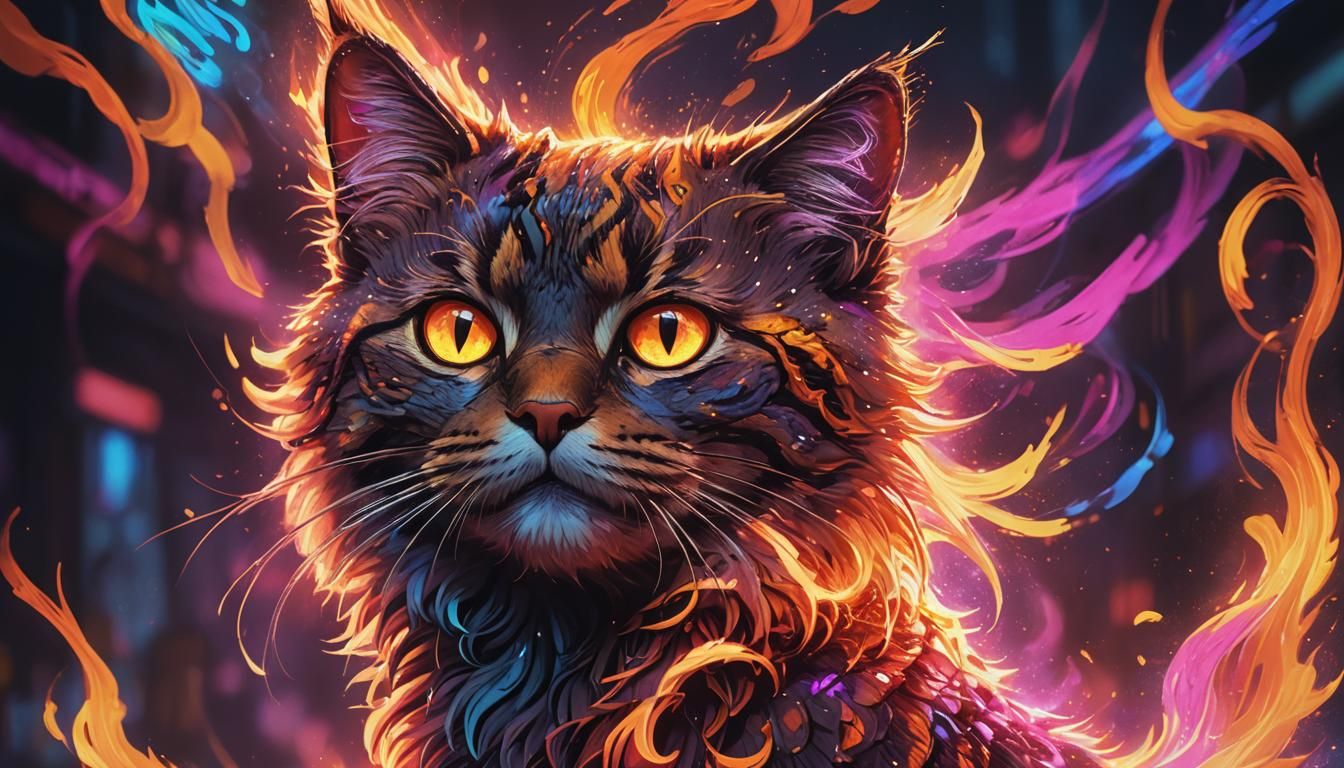 Fiery-Eyed Cat in Swirling Neon Aura, Digital Art