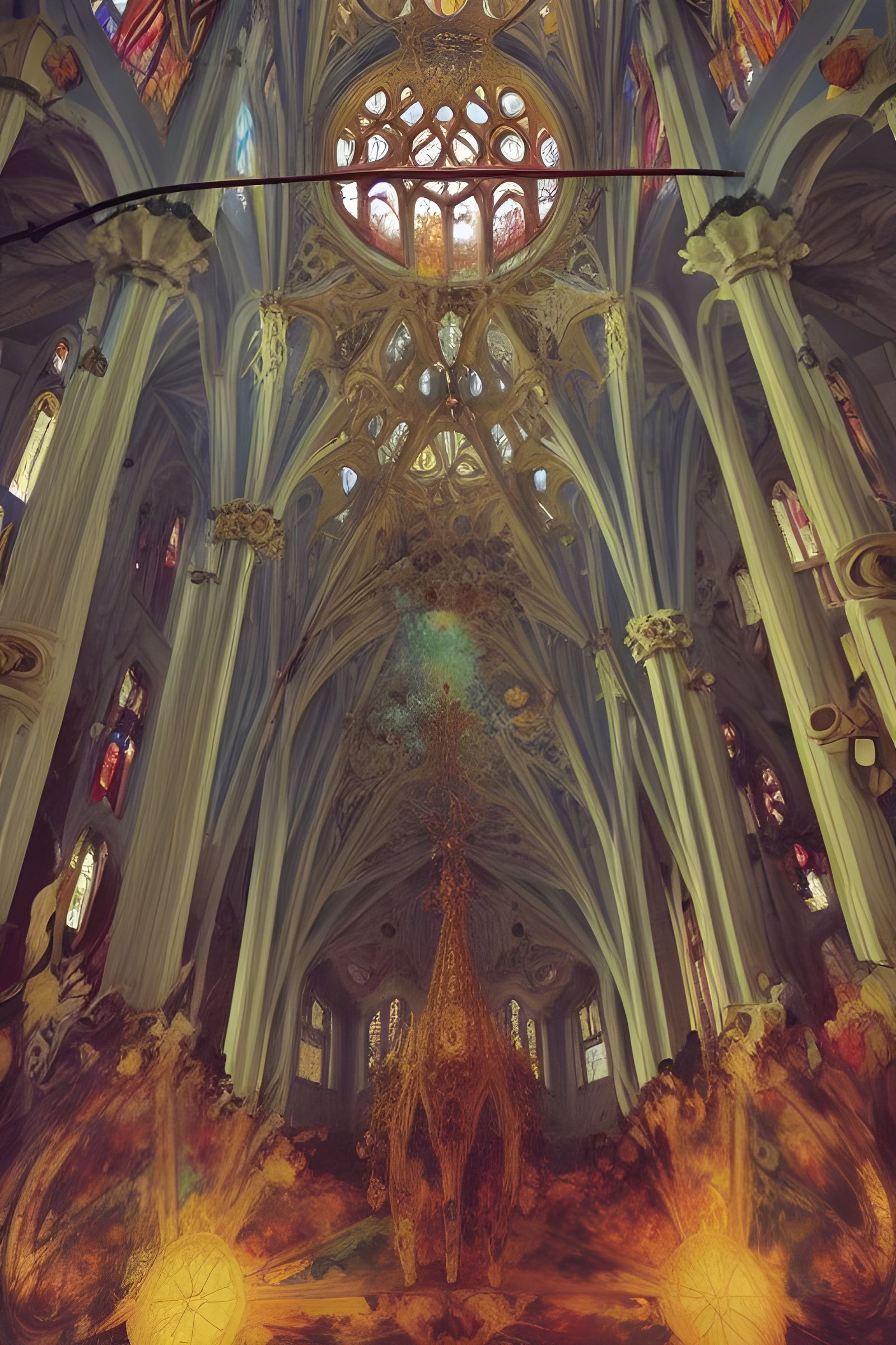 A wizard’s fiery Sacred family cathedral by Gaudi with gorgeous Tiffany stained glass hyperdetailed.….