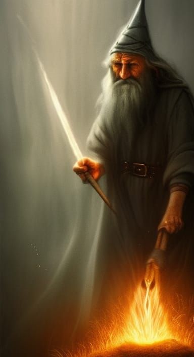 Grey Wizard with Staff in Atmospheric Landscape