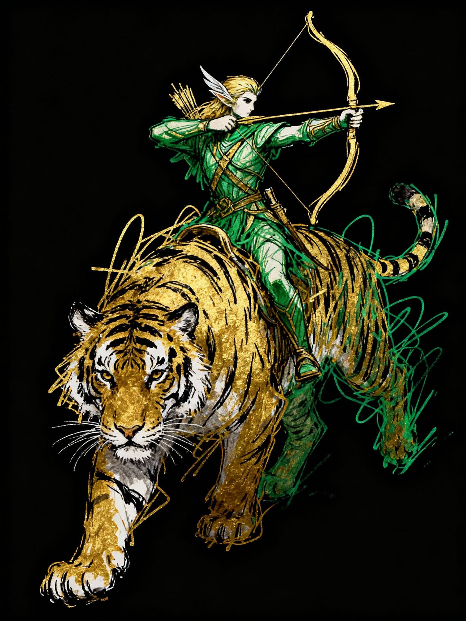 Elven Archer on War Tiger in Chaotic Ink Lines