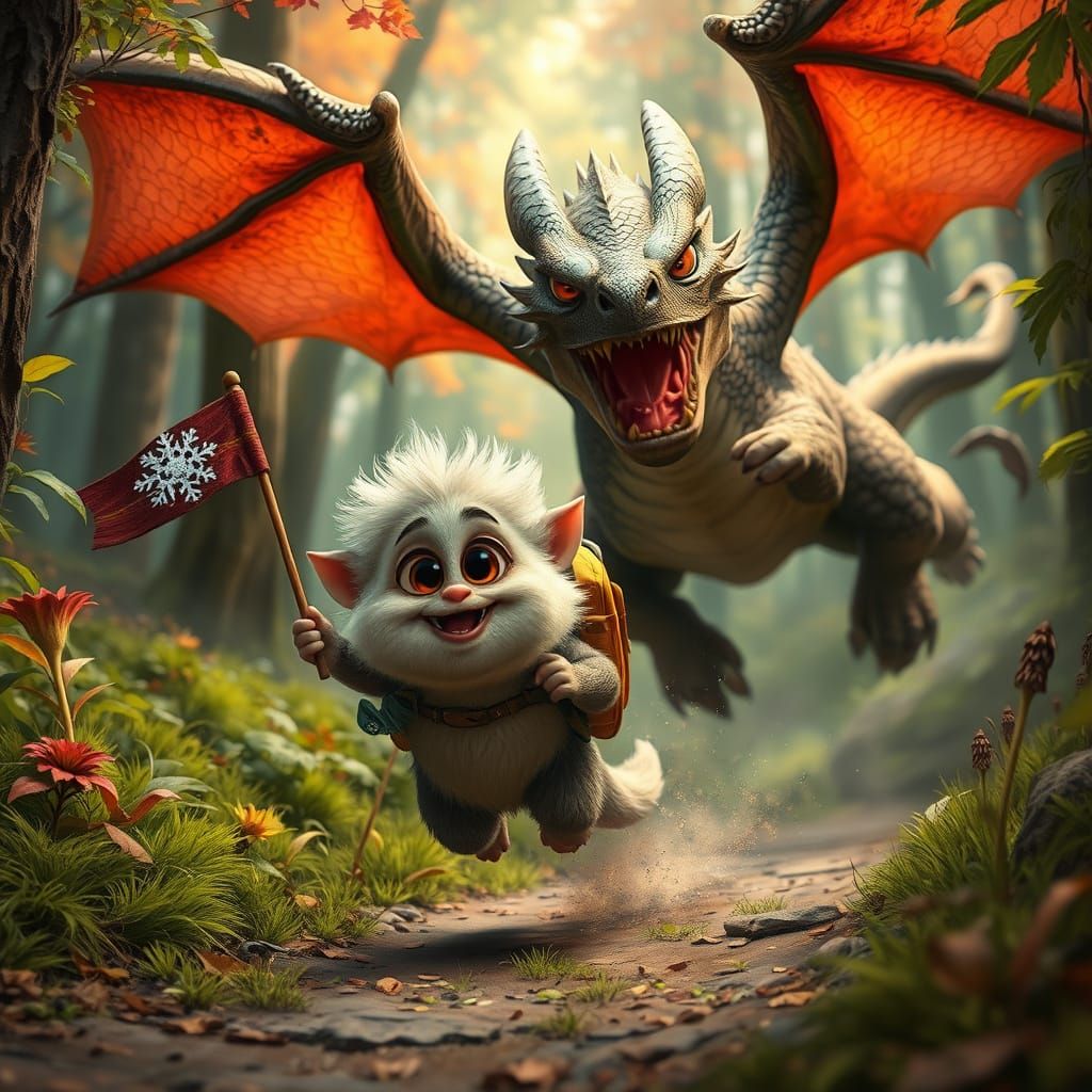 Mischief in Whimsical Forest, in a Fantastical Realism Style