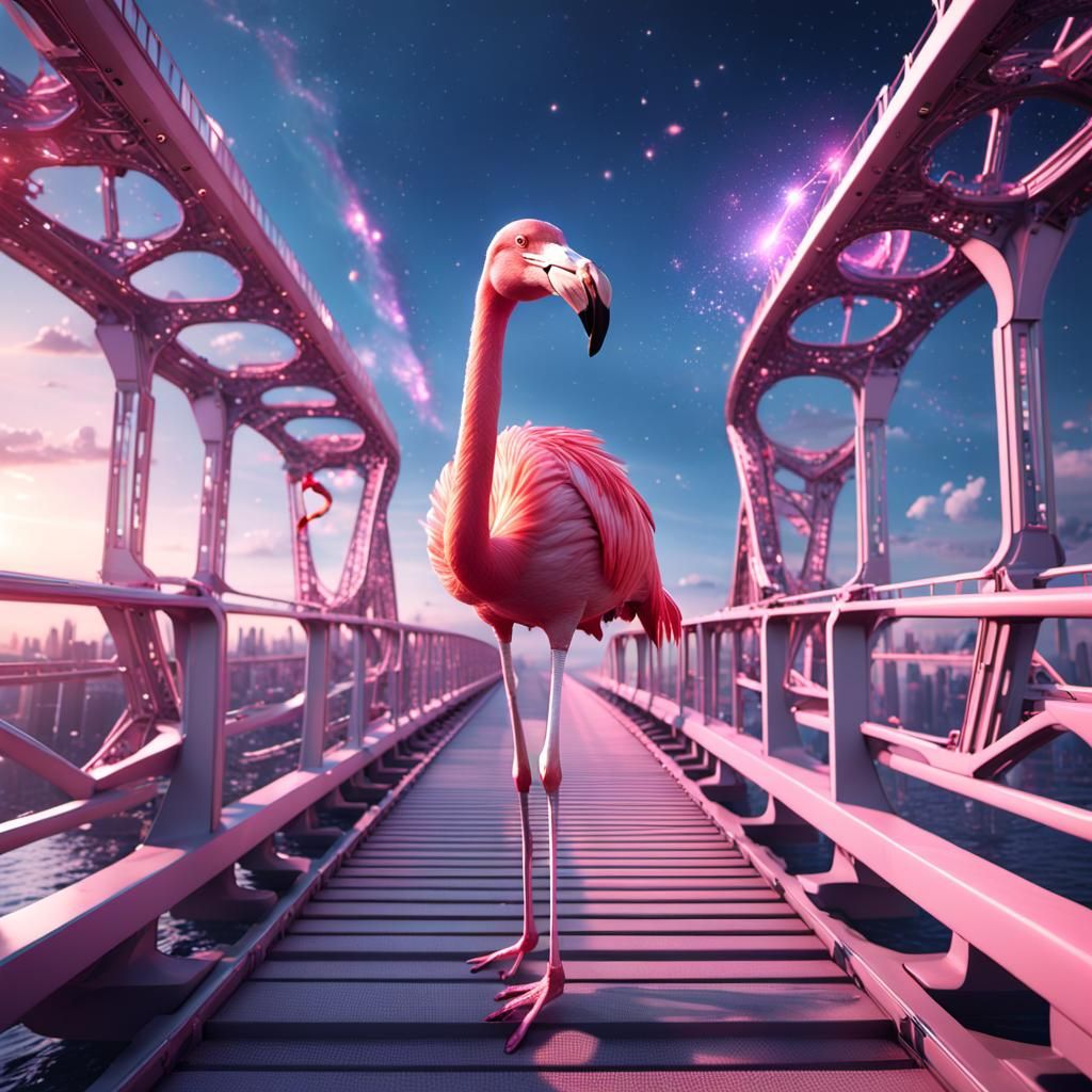 Flamingo Races Across Star Bridge in Sci-Fi Style
