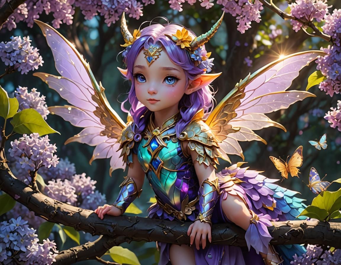 Multichromatic Fairy Dragon on Lilac Branch