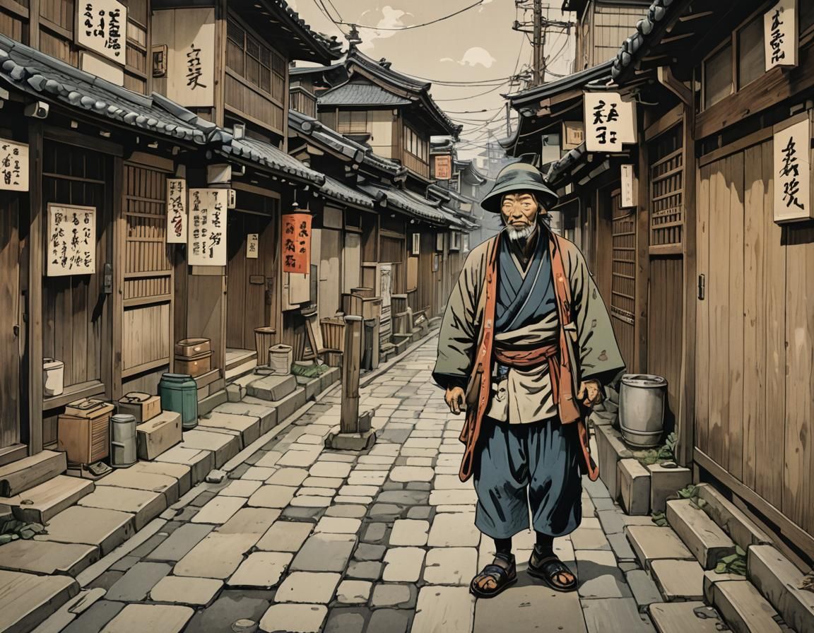 Ukiyo-e Print of Homeless Figure in Japanese Alley