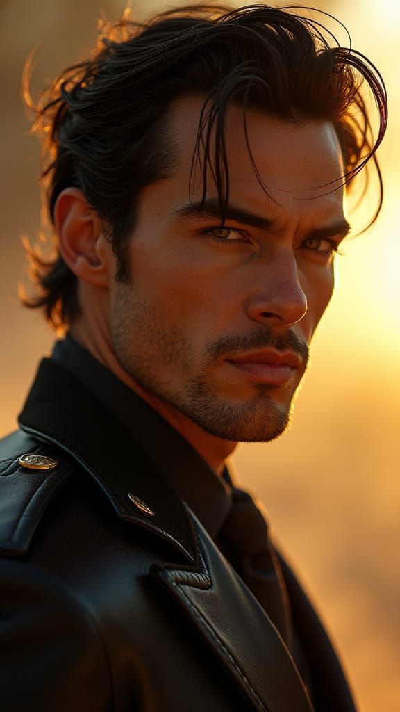 Charismatic Rival Figure with Smirk in Golden Blur