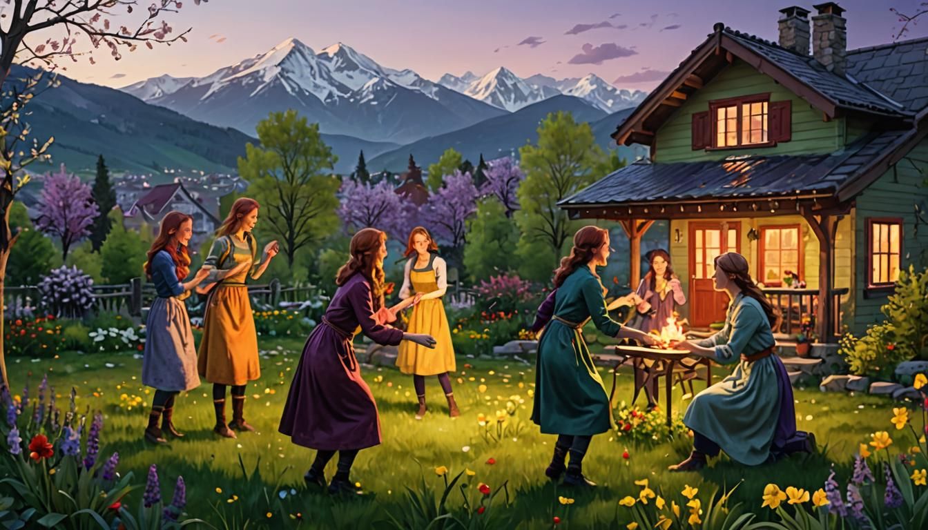 Young Women Playing in a Spring Garden