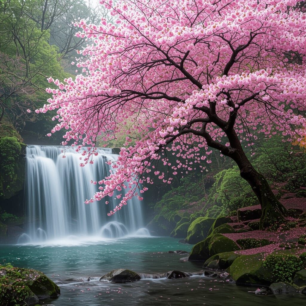 Pink Cherry Tree by Waterfall with Blossoms