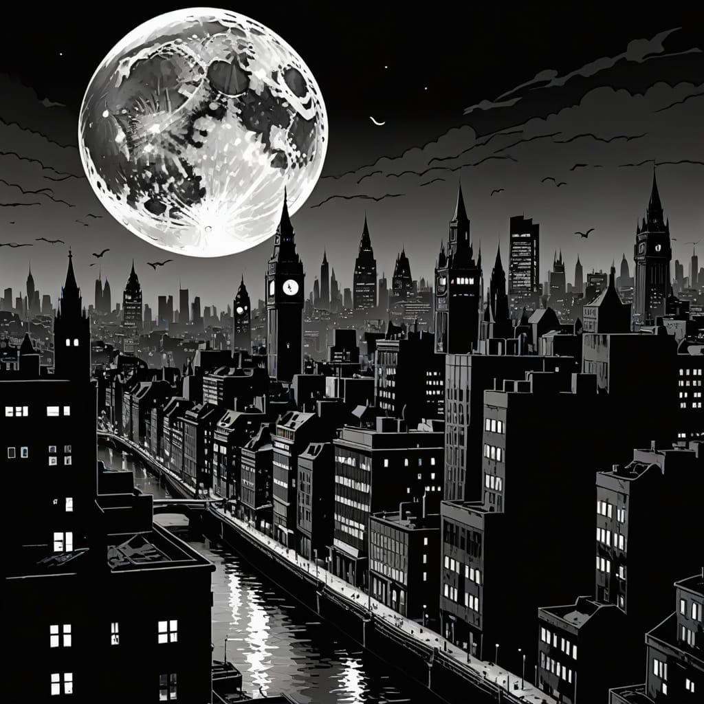 London Skyline in Noir, Horror Comic Style