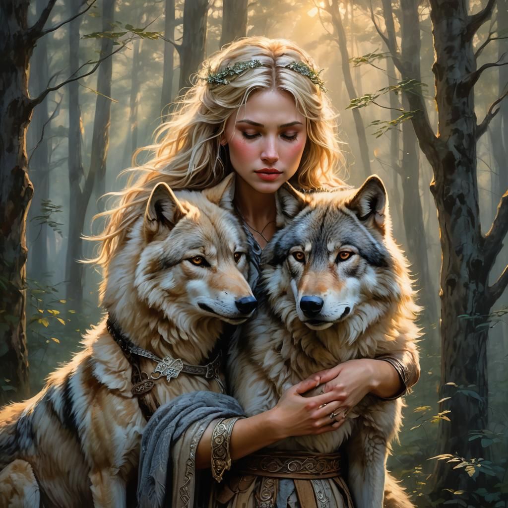 Female Warrior and Wolf Embrace: Oil Painting Style