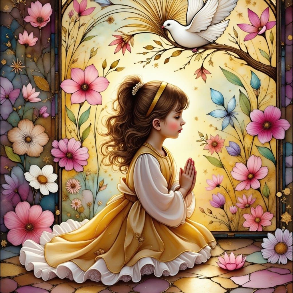 Toddler Praying Before Stained Glass Window