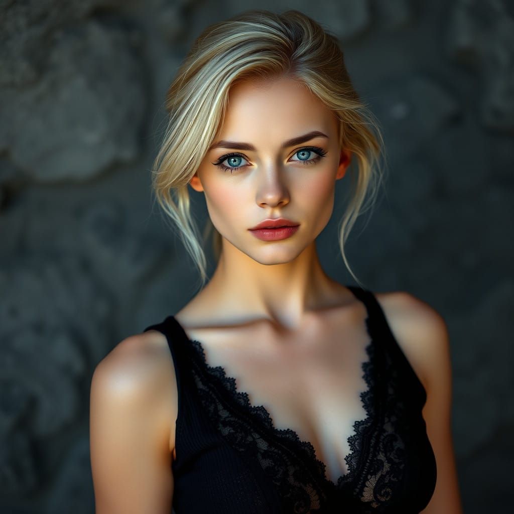 Elegant Young Woman in Muted Gray and Black