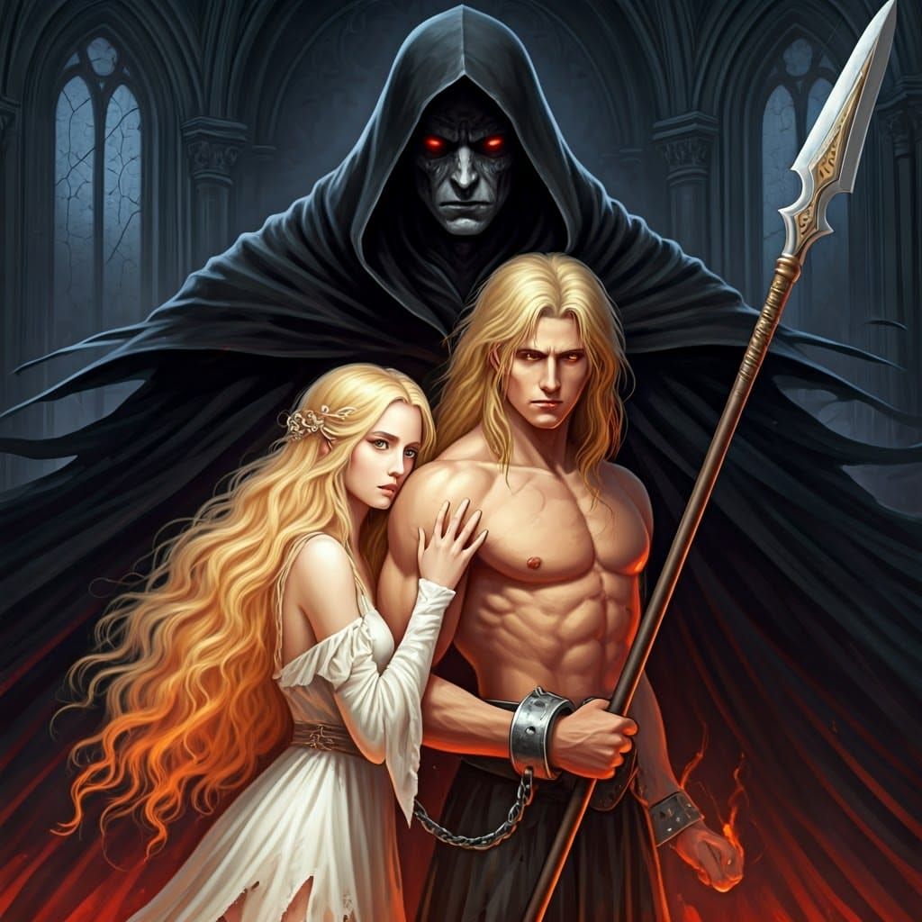 Ethereal Maiden Surrounded by Fiery Youth and Towering Figur...