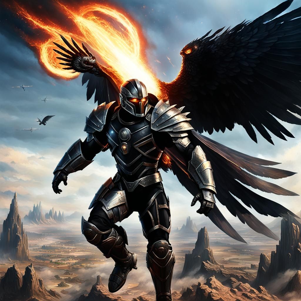 Youthful Warrior Soaring in Winged Bio-Armor