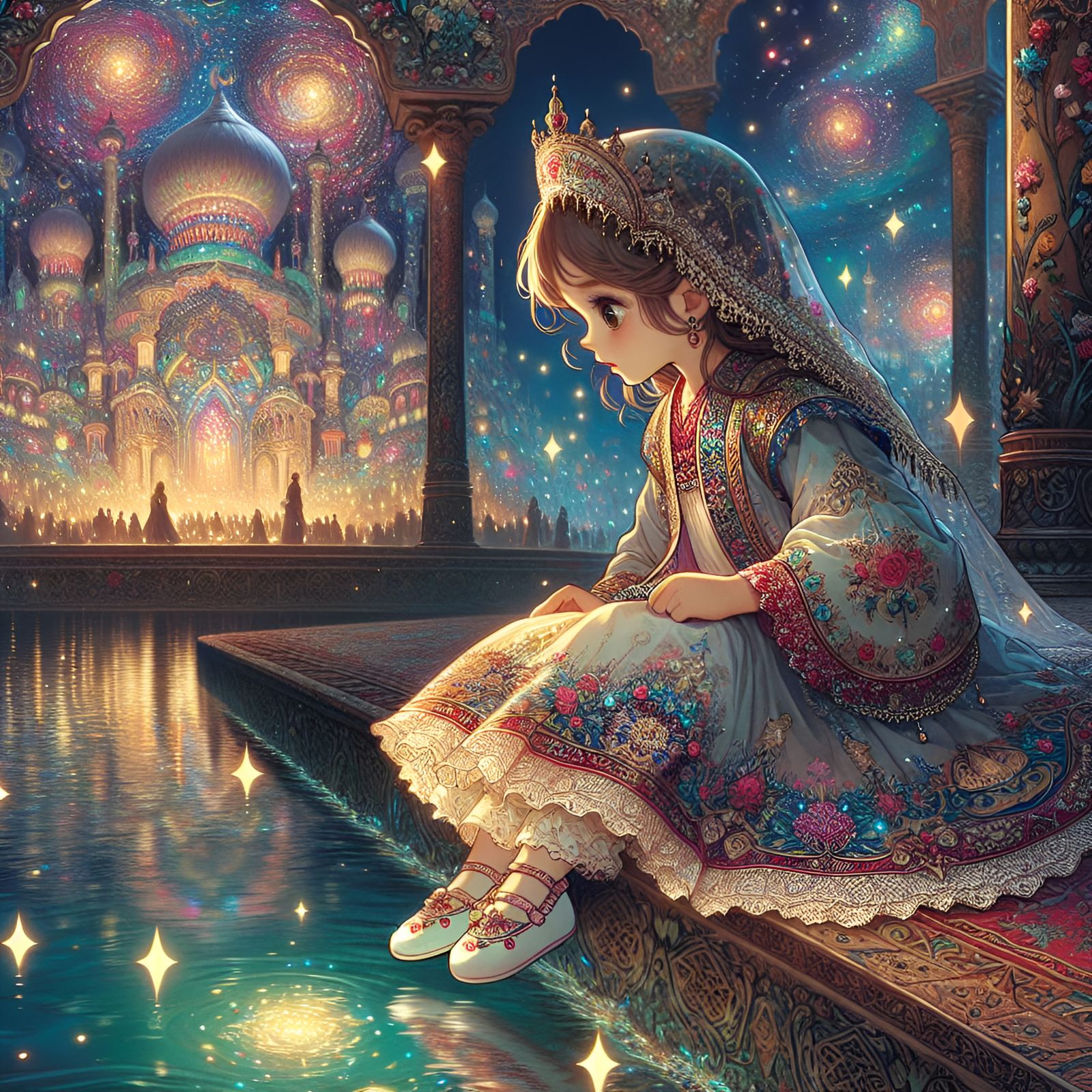 Girl Gazing at Starry Reflection: Cel-Shaded Digital Art