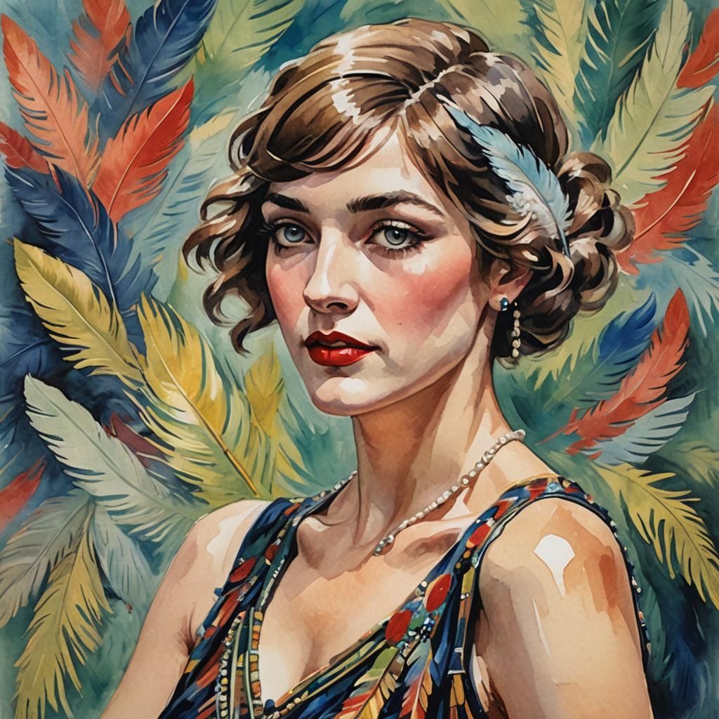 Flapper Girl Portrait in Gouache and Watercolor Style