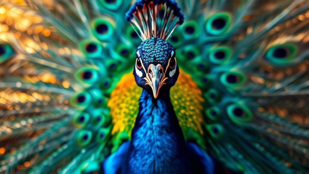 Regal Peacock Display Shines in Brilliant Blues and Gold