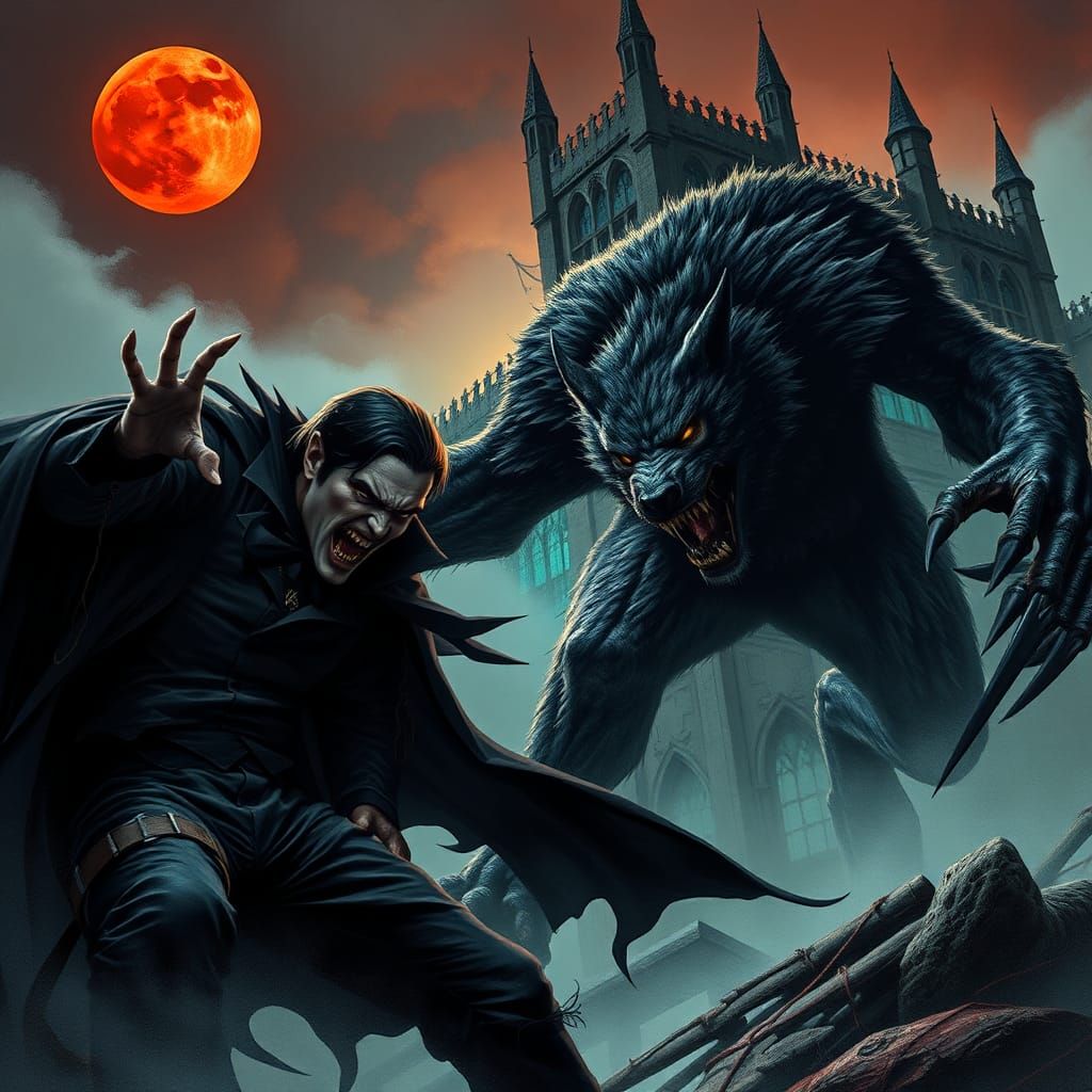 Dracula vs Wolfman Under Crimson Moon in Gothic Castle