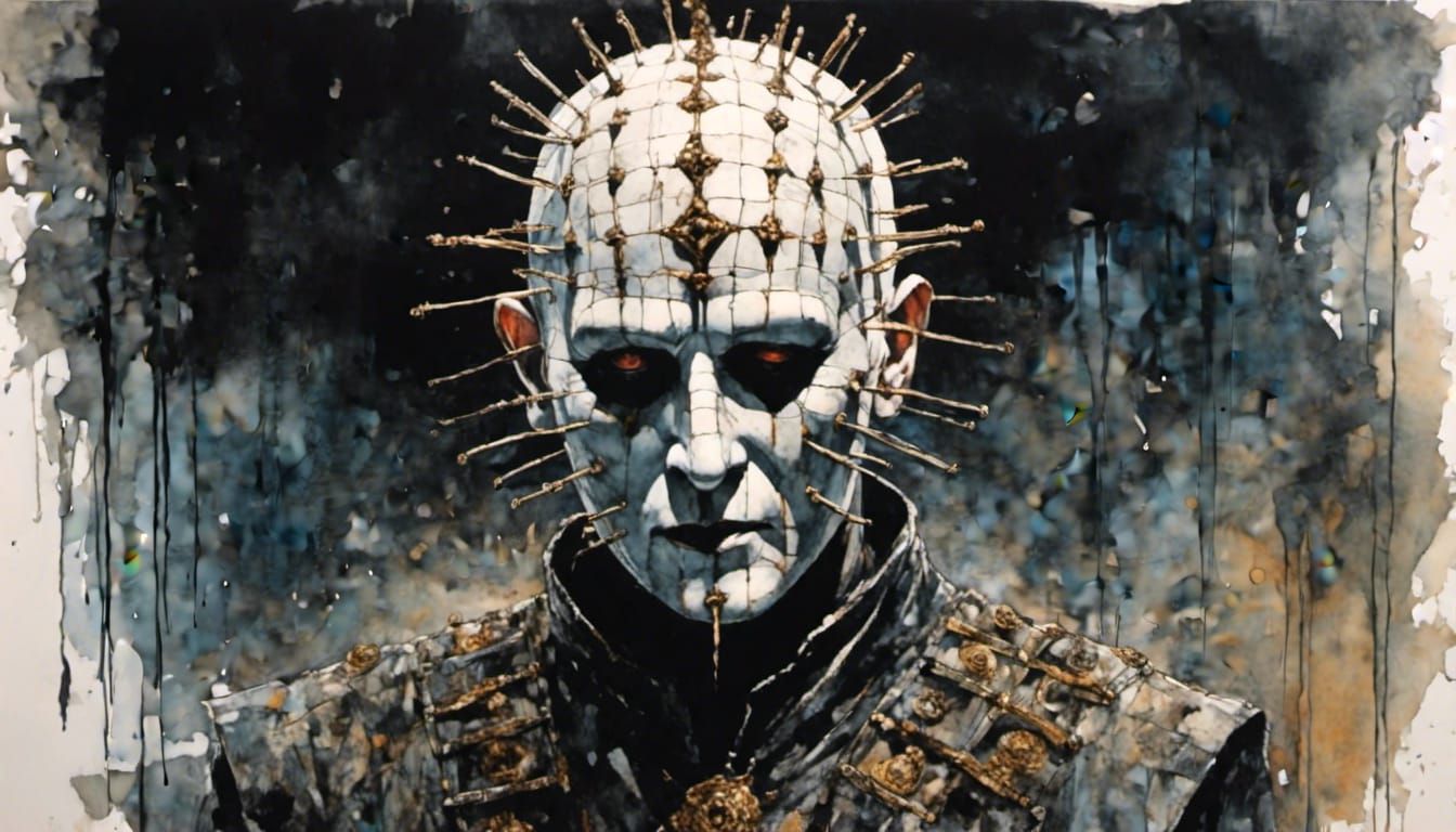 Pinhead Holding Lament Configuration in Watercolor Style