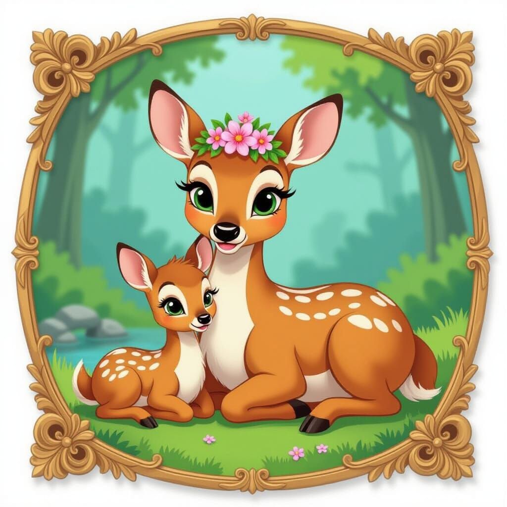 Mother Deer and Fawn in Floral Frame Illustration