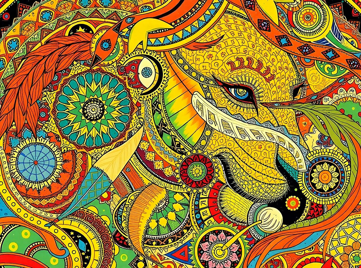 Feathered Lion Face in Klimt Style