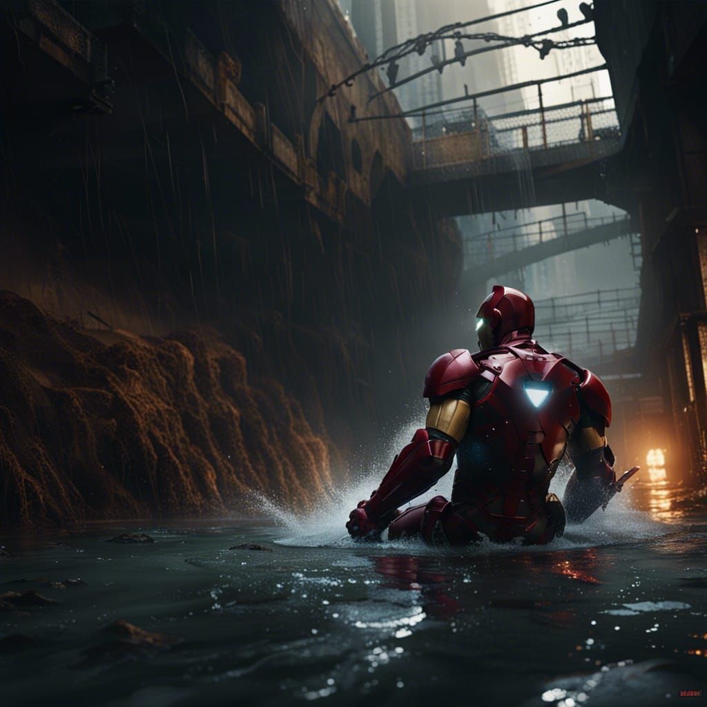 Ironman vs Batman in Burning Sewer, Detailed Painting