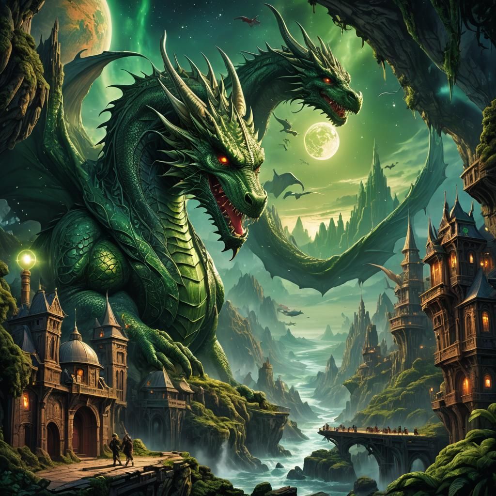 Dragon Planet with Green Stars: Comic Book Art