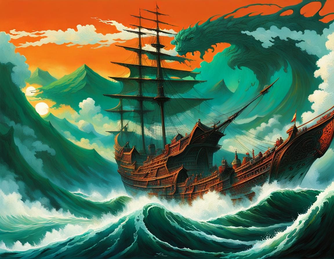 Samurai Corsair Ship at Aqua and Green Sunset