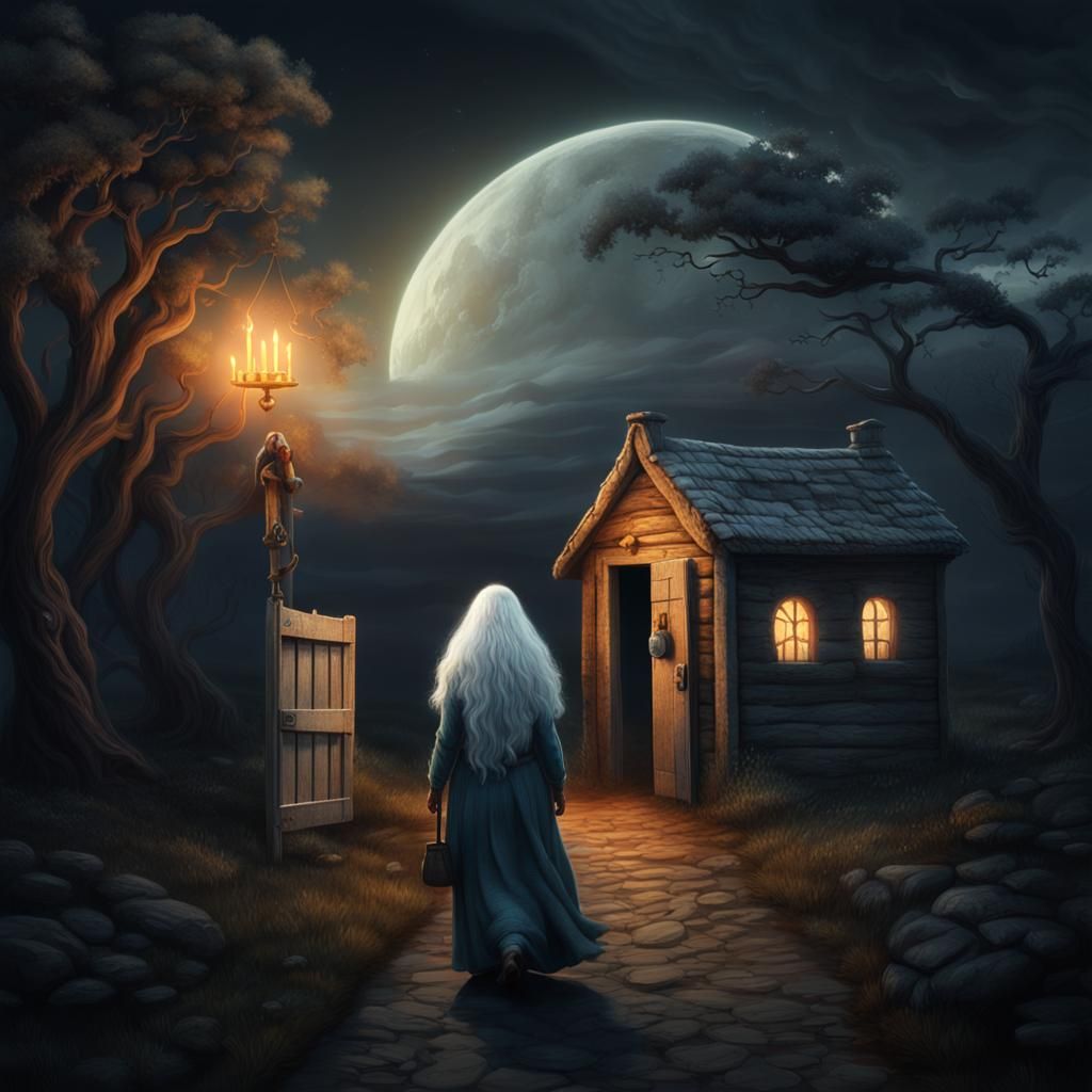 Woman with Candle Walks to Outhouse: Cinematic Painting
