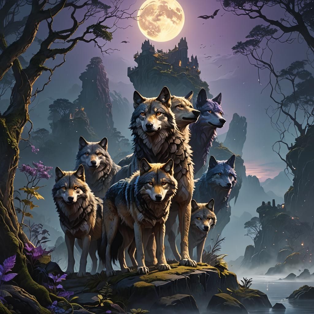 Wolf Pack on Moonlit Island: Fantasy Concept Art
