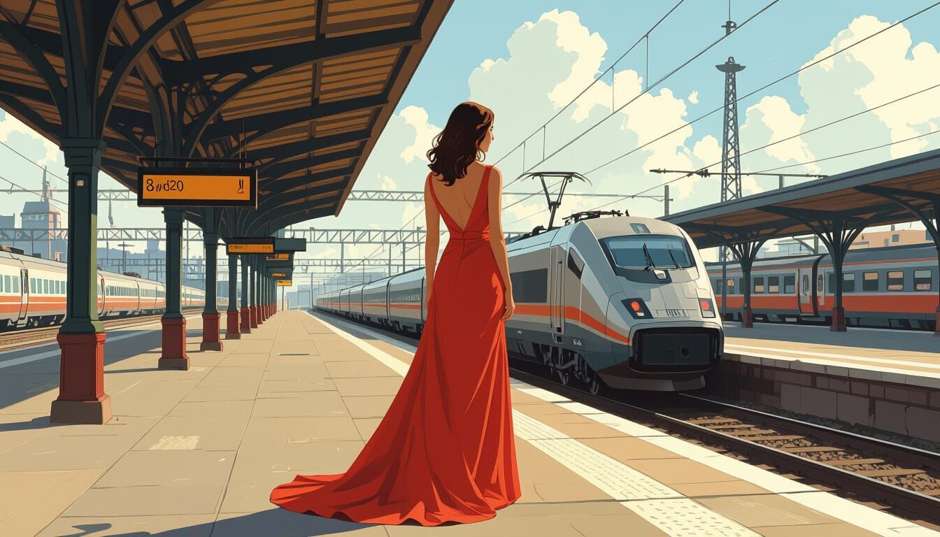 Elegant Woman on Train Platform in Realistic Style