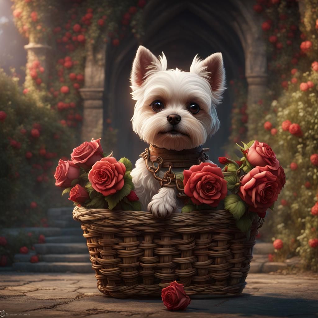 Dog with Roses: Detailed Fantasy Art
