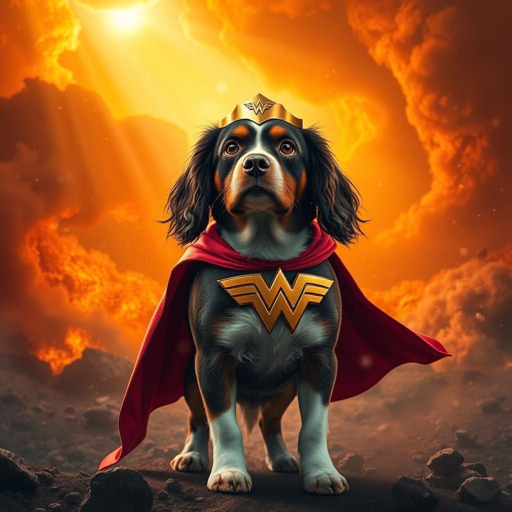 Heroic English Springer Dog in Wonder Woman Costume Amidst F...