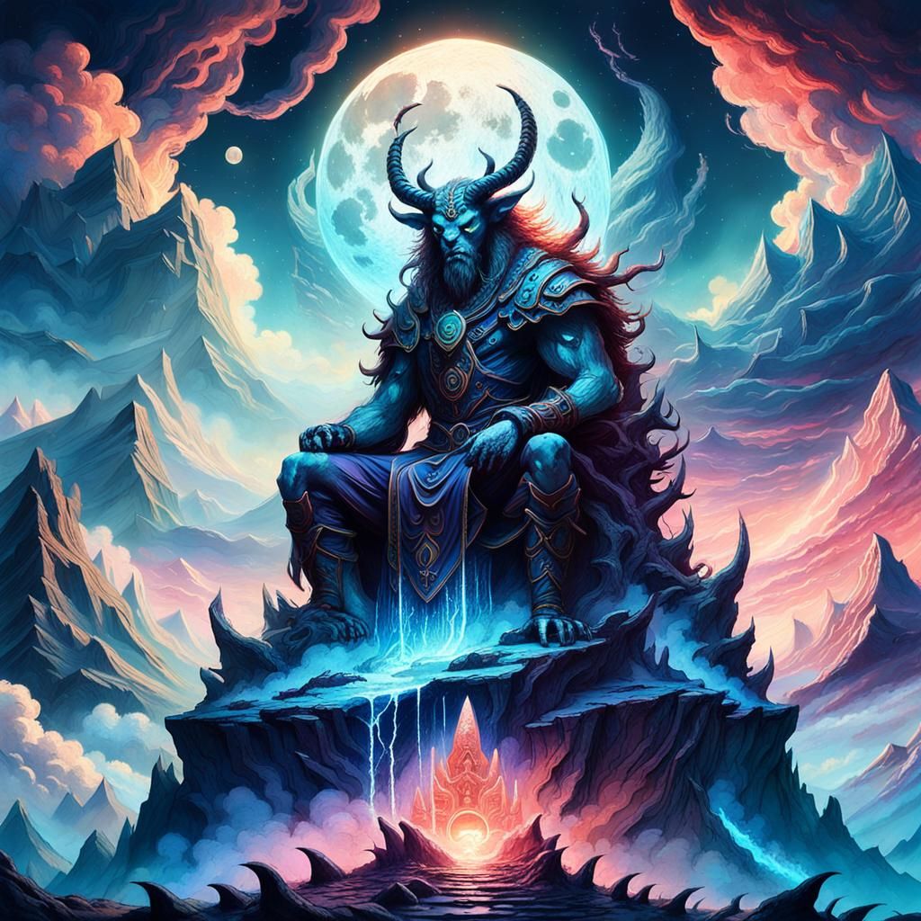 Moon Demon on Crystal Mountain in Surreal Fantasy Art