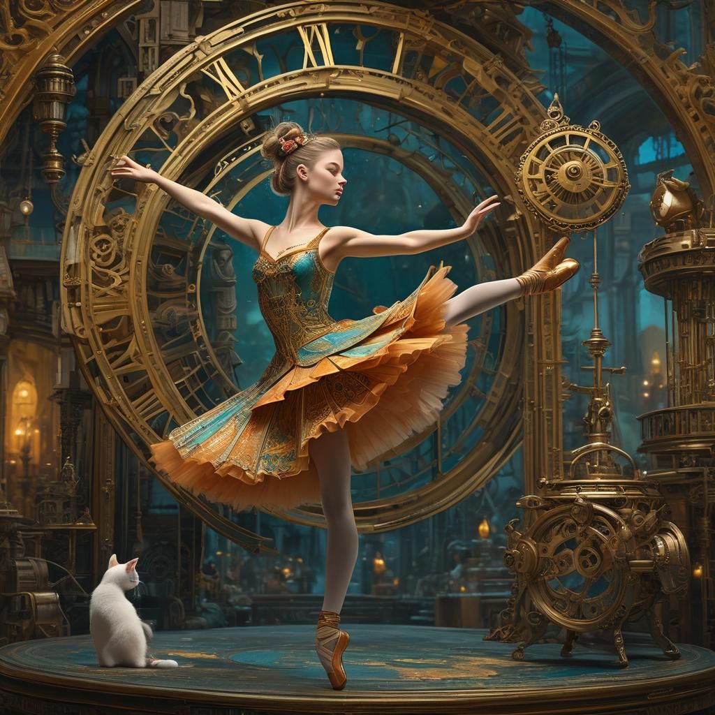 Ballerina and Cat in Golden Clockwork, Digital Art