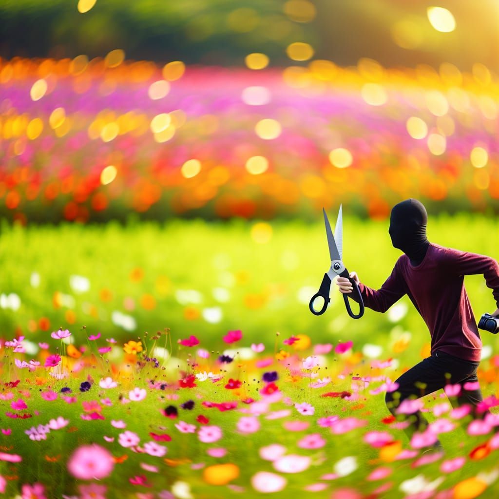 Person Running with Scissors in Flower Field