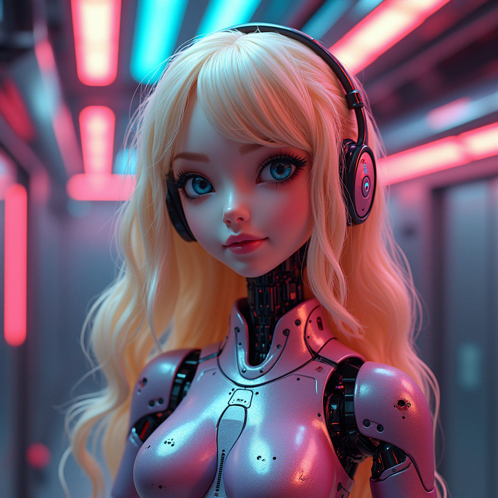 Blonde Android Doll in Futuristic Cyberpunk Setting