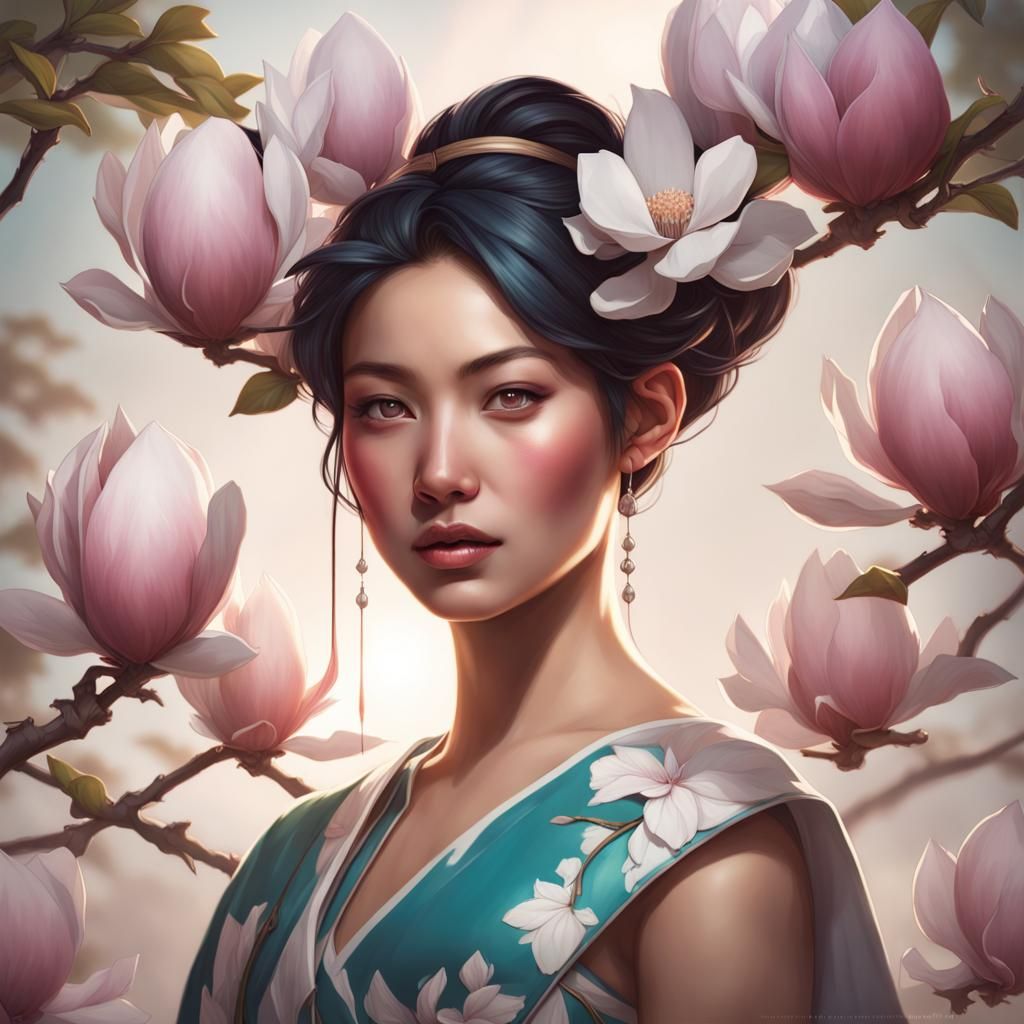 Asian Woman Portrait with Magnolia Flowers