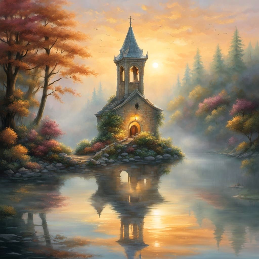 Bell Tower Sinking into Misty Lake: Kinkade Style
