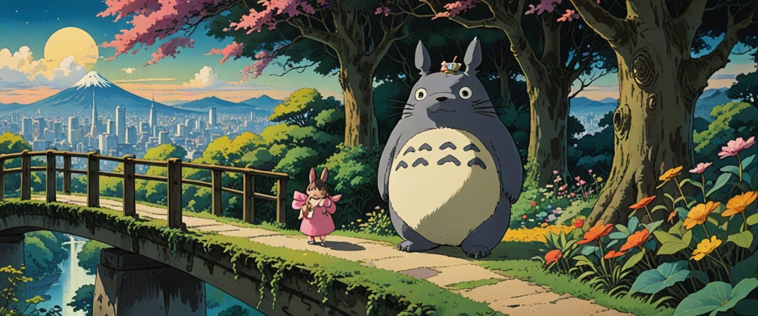 Totoro with Present Overlooking Tokyo in Ghibli Style