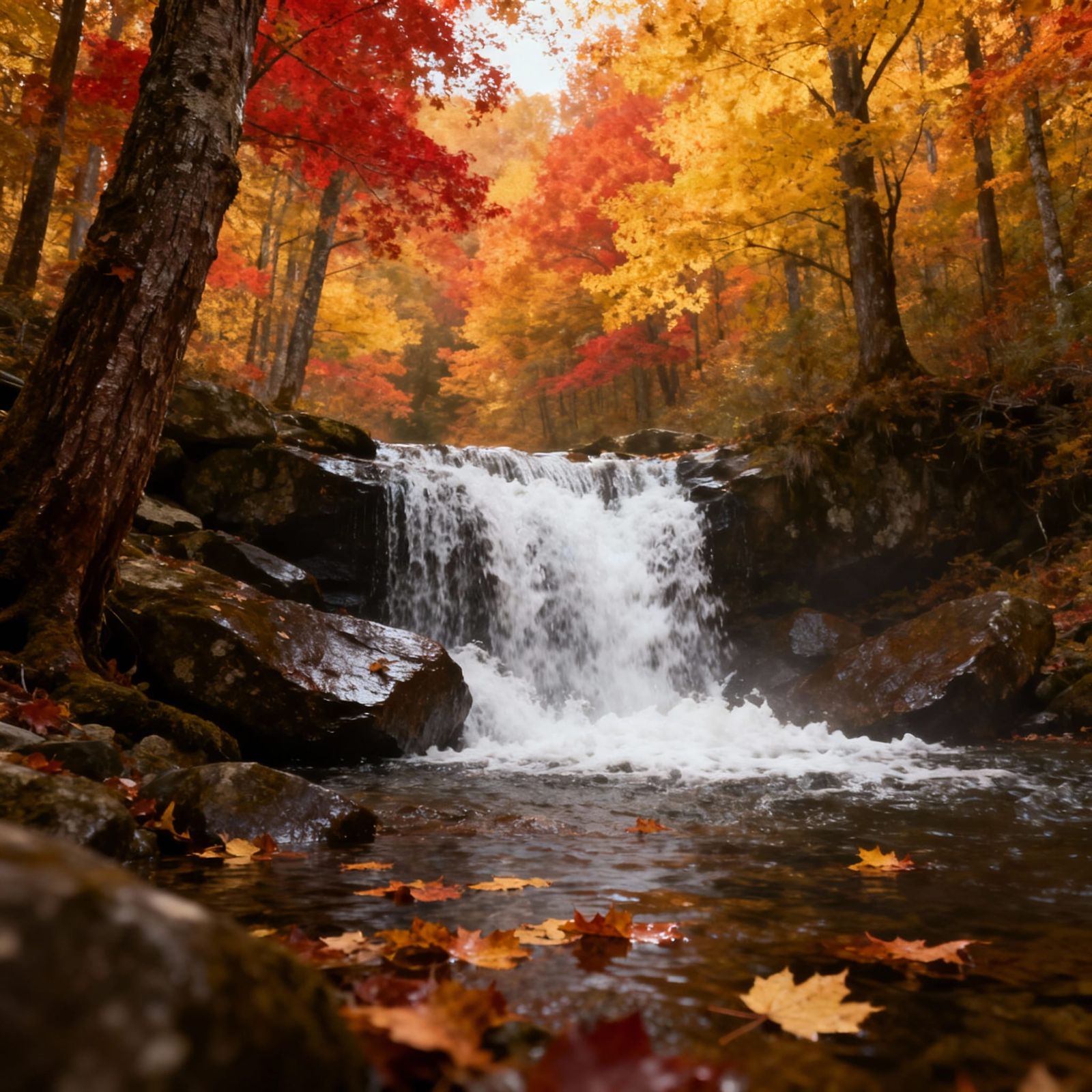 majestic forest with a waterfall in the autumn