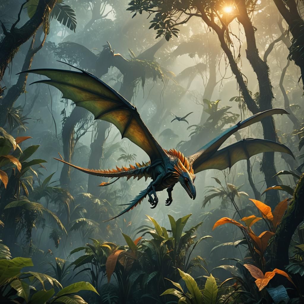 Pterosaur Soaring Through Ancient Jungle: Fantasy Concept Ar...