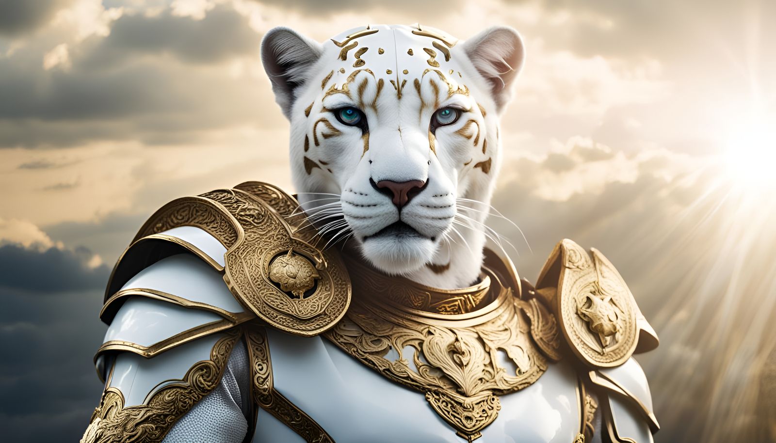 White Panther Warrior in Gold Armor with Sword